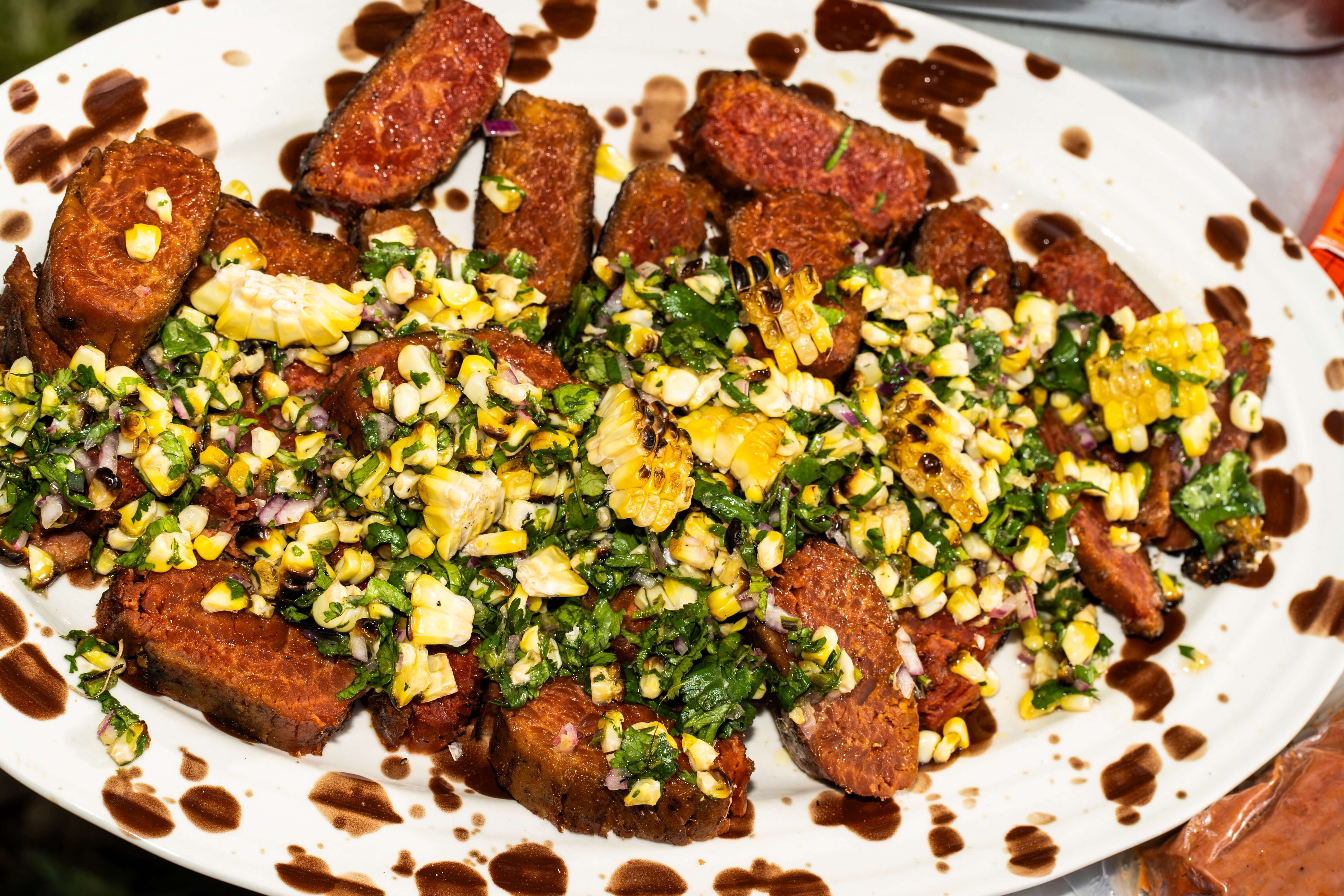Grilled Vegan Meat with Charred Corn and Coriander Salsa