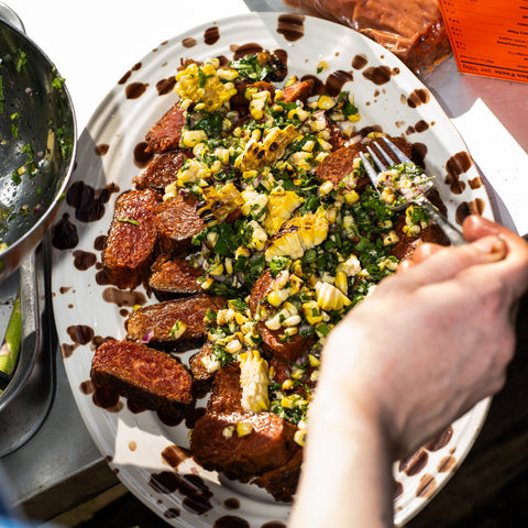 Meaty Meat with Charred Corn and Coriander Salsa